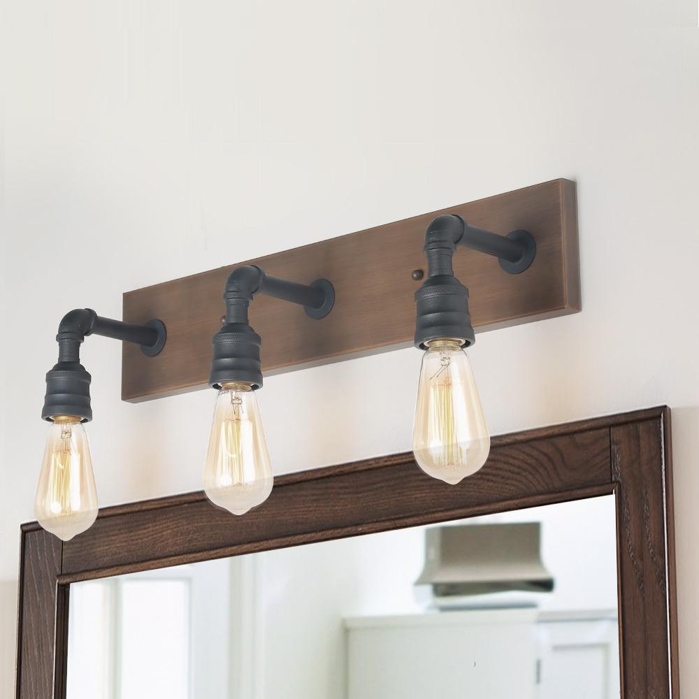 Wayner 3-Light Black Farmhouse Bath Vanity Light Water Pipe Wall Sconce with Painted Chesnut Wood Accent LED Compatible