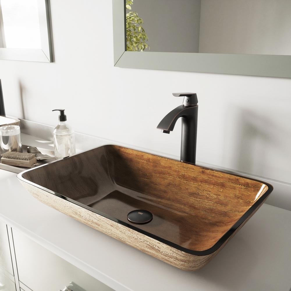 VIGO Glass Vessel Bathroom Sink in Amber Sunset and Linus Faucet Set in Antique Rubbed Bronze