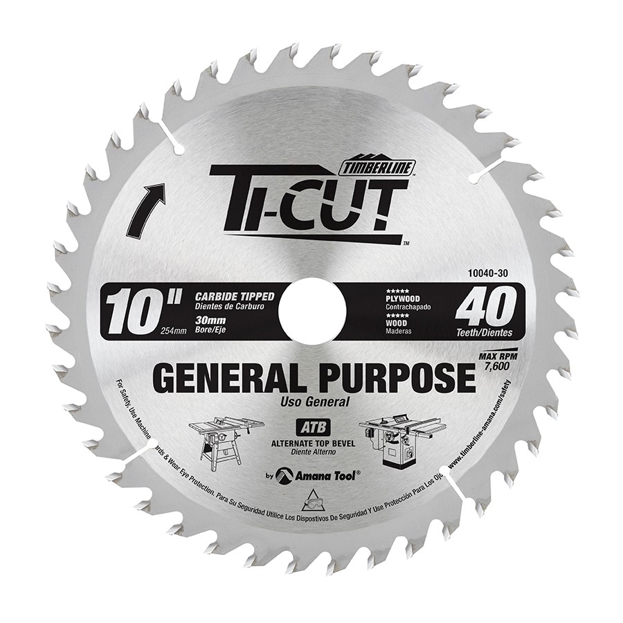 Timberline 10040-30 Ti-Cut™ General Purpose & Finishing 10″ Dia x 40T ATB, 18 Deg, 30mm Bore