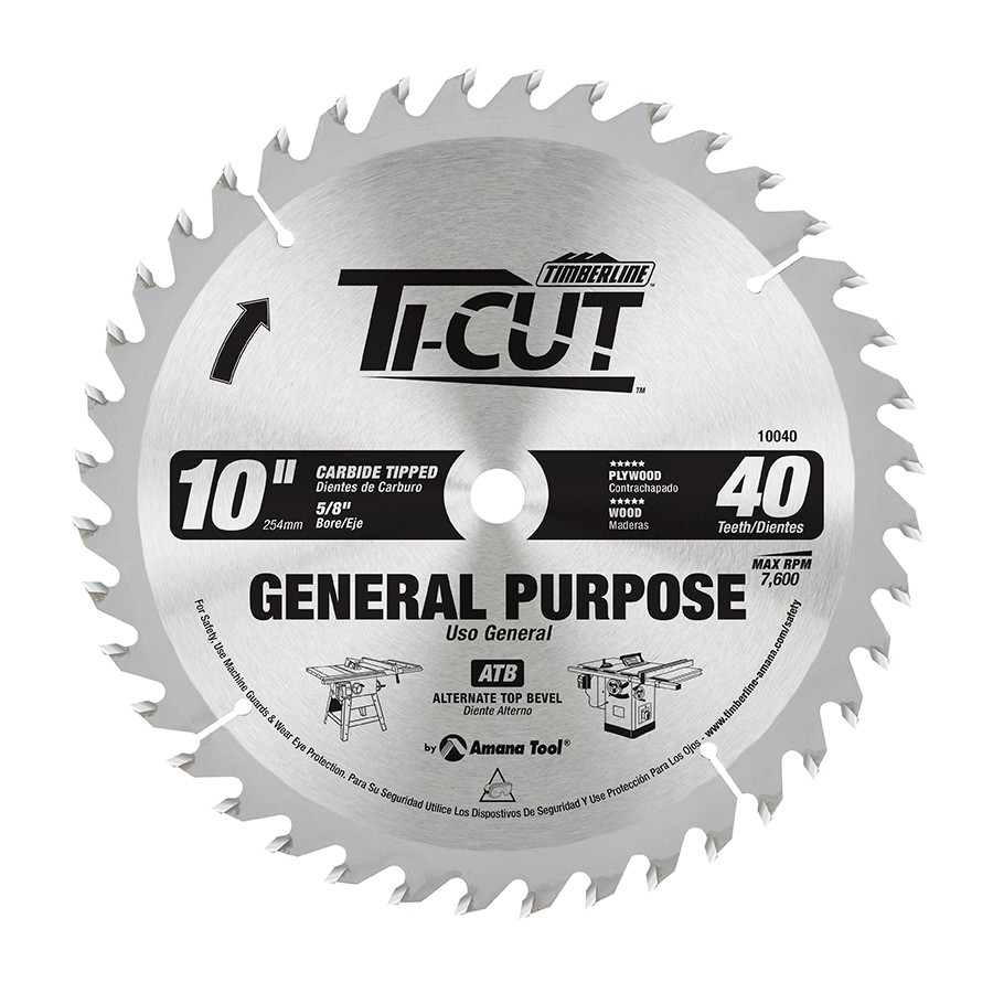Timberline 10040 Ti-Cut™ General Purpose & Finishing 10″ Dia x 40T ATB, 18 Deg, 5/8 Bore