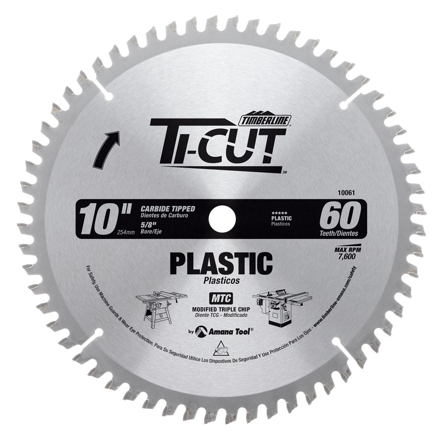 Timberline 10061 Ti-Cut™ Plastic 10″ Dia x 60T MTC, -2 Deg, 5/8 Bore