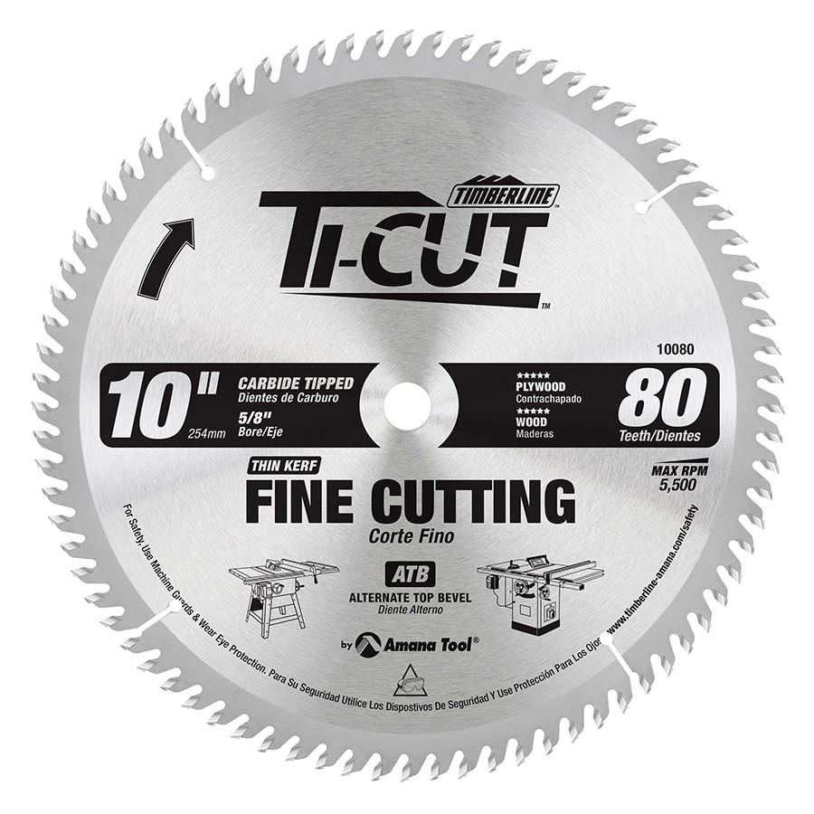 Timberline 10080 Ti-Cut™ General Purpose & Finishing 10″ Dia x 80T ATB, 10 Deg, 5/8 Bore