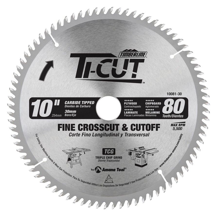 Timberline 10081-30 Ti-Cut™ Fine Crosscut & Cutoff 10″ Dia x 80T TCG, 10 Deg, 30mm Bore