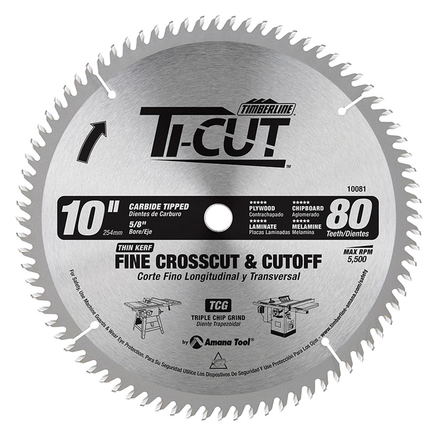Timberline 10081 Ti-Cut™ Fine Crosscut & Cutoff 10″ Dia x 80T TCG, 10 Deg, 5/8 Bore