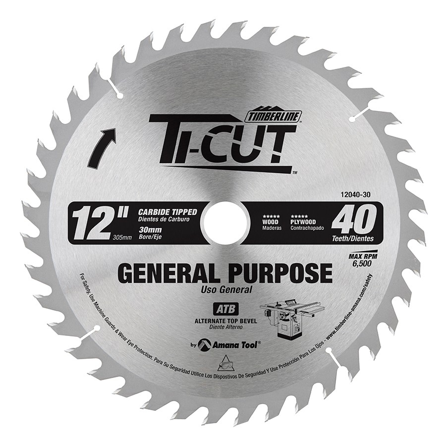 Timberline 12040-30 Ti-Cut™ General Purpose & Finishing 12″ Dia x 40T ATB, 18 Deg, 30mm Bore