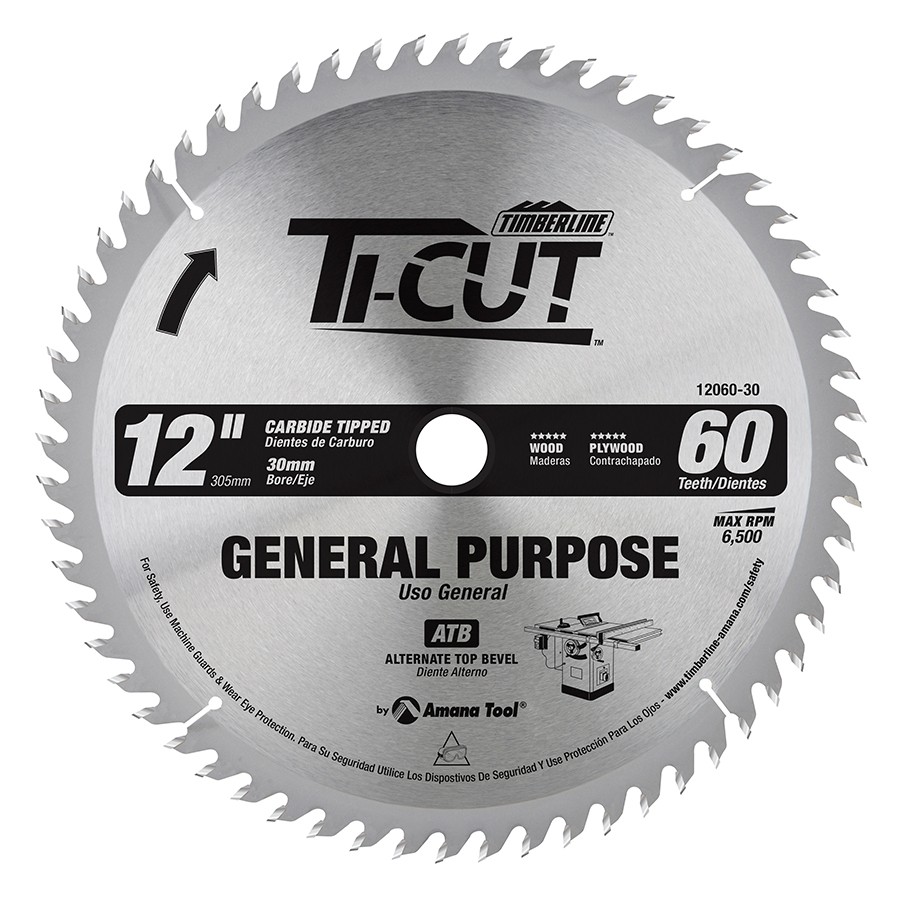 Timberline 12060-30 Ti-Cut™ General Purpose & Finishing 12″ Dia x 60T ATB, 10 Deg, 30mm Bore