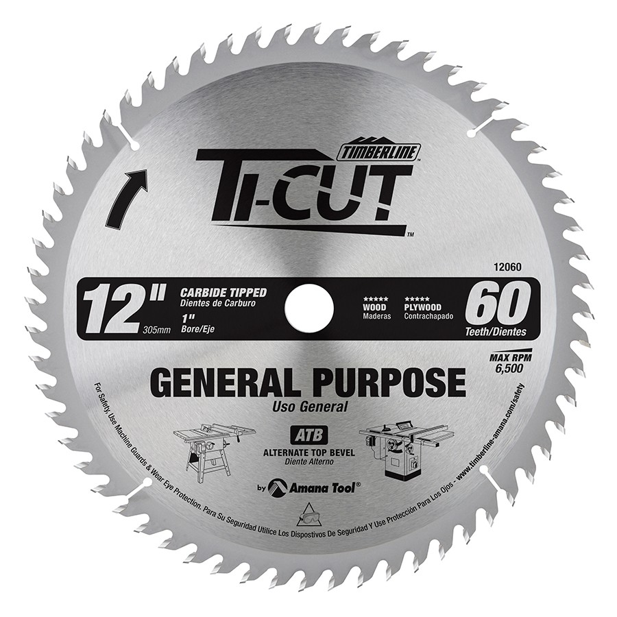 Timberline 12060 Ti-Cut™ General Purpose & Finishing 12″ Dia x 60T ATB, 10 Deg, 1″ Bore
