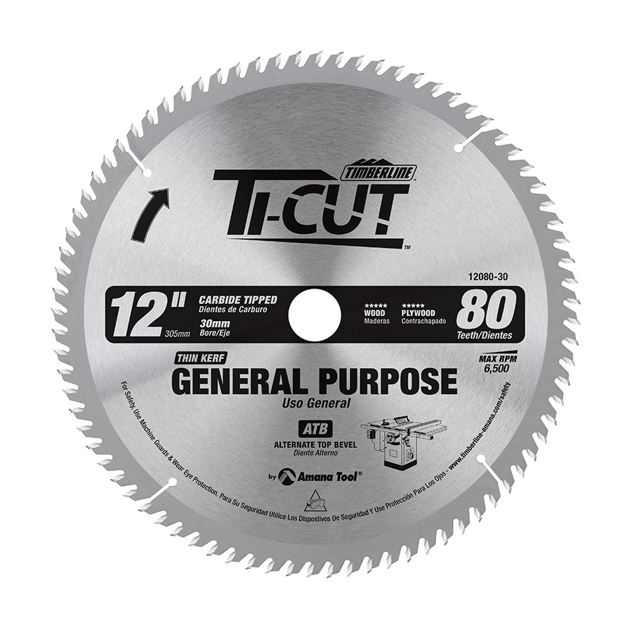 Timberline 12080-30 Ti-Cut™ General Purpose & Finishing 12″ Dia x 80T ATB, 10 Deg, 30mm Bore