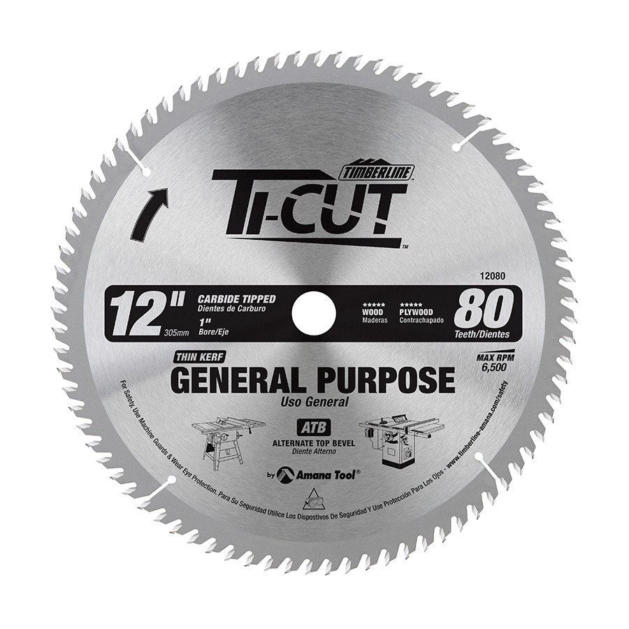 Timberline 12080 Ti-Cut™ General Purpose & Finishing 12″ Dia x 80T ATB, 10 Deg, 1″ Bore