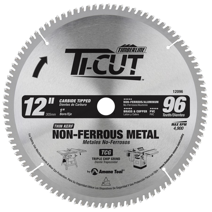 Timberline 12096 Ti-Cut™ Aluminum & Non-Ferrous 12″ Dia x 96T TCG, -5 Deg, 1″ Bore