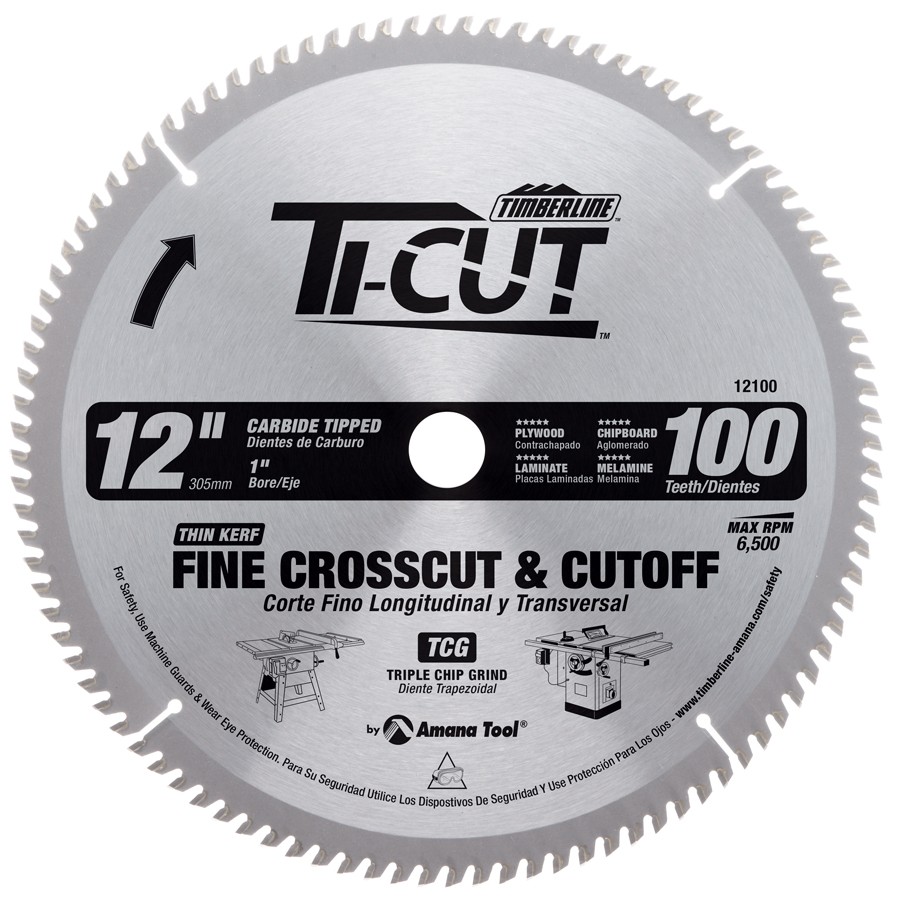 Timberline 12100 Ti-Cut™ Fine Crosscut & Cutoff 12″ Dia x 100T TCG, 10 Deg, 1″ Bore