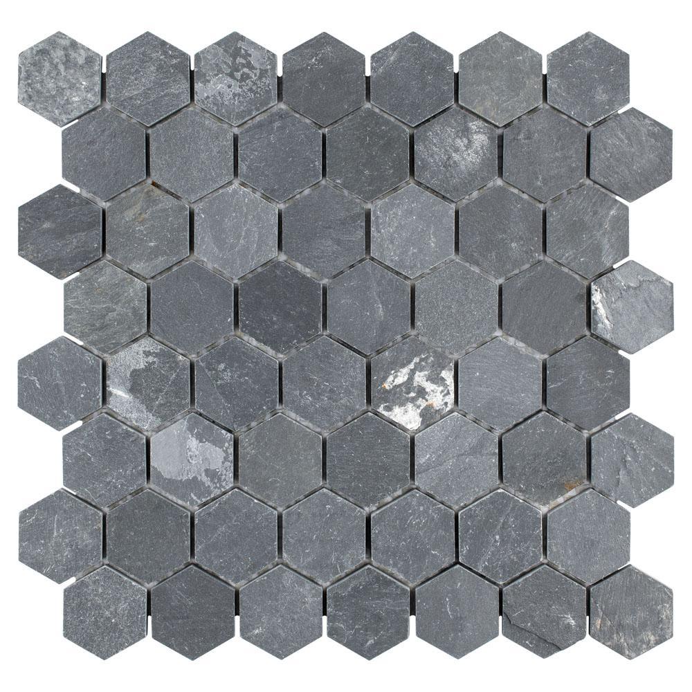 Merola Tile Crag Hexagon Black 11-1/8 in. x 11-1/8 in. x 8 mm Slate Mosaic Tile