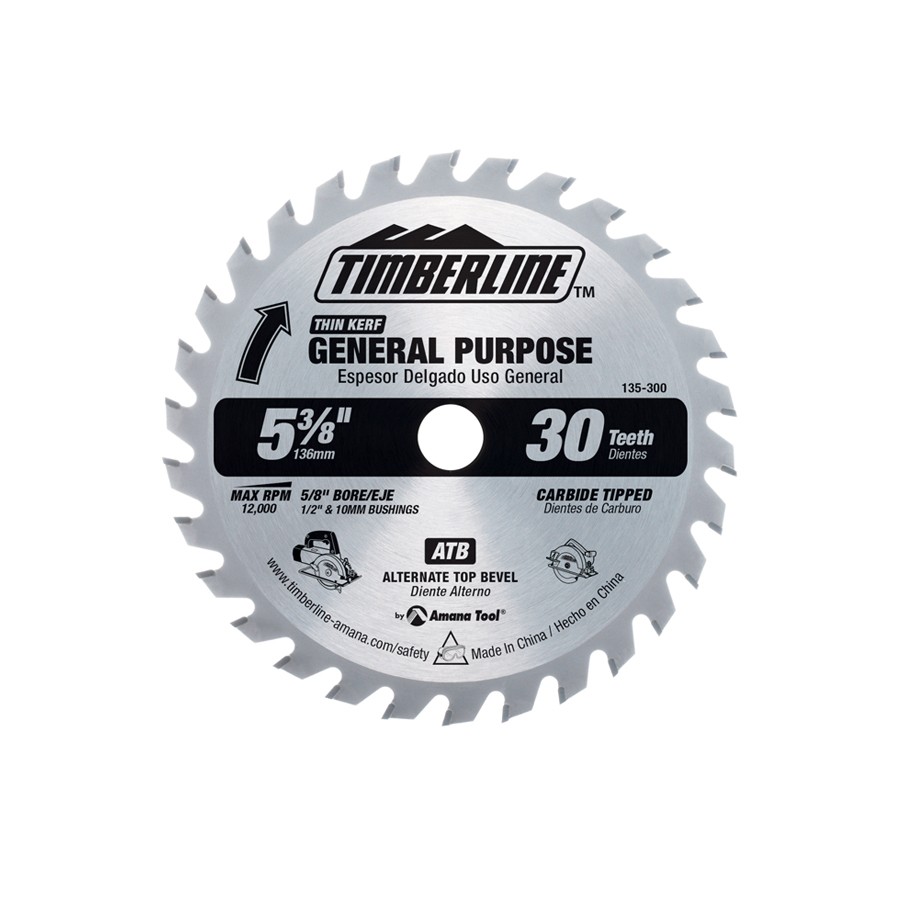 Timberline 135-300 General Purpose Wood Cutting Trim 5-3/8 to 5-1/2″ Dia x 30T ATB, 15 Deg, 5/8 Bore