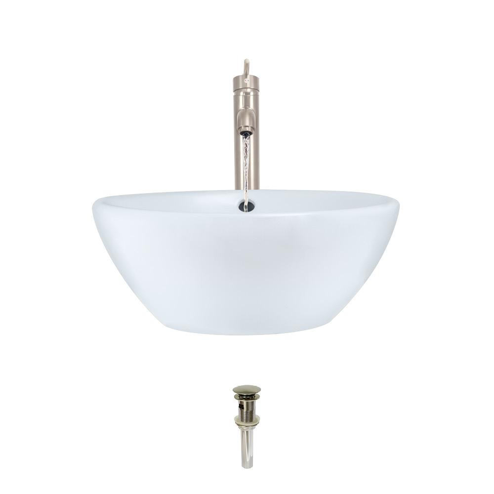 MR Direct Porcelain Vessel Sink in White with 718 Faucet and Pop-Up Drain in Brushed Nickel