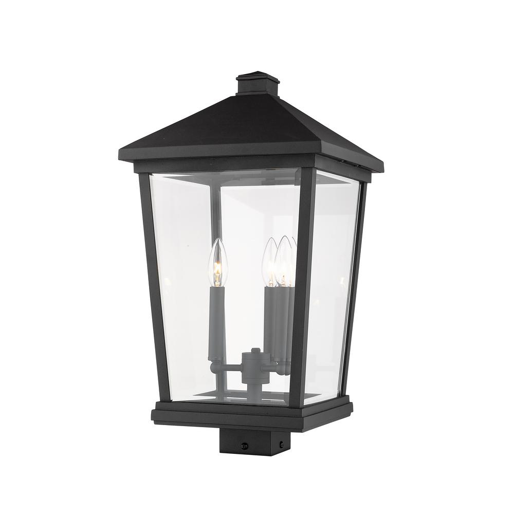 3-Light Black Outdoor Post Mount Fixture with Clear Beveled Glass Shade