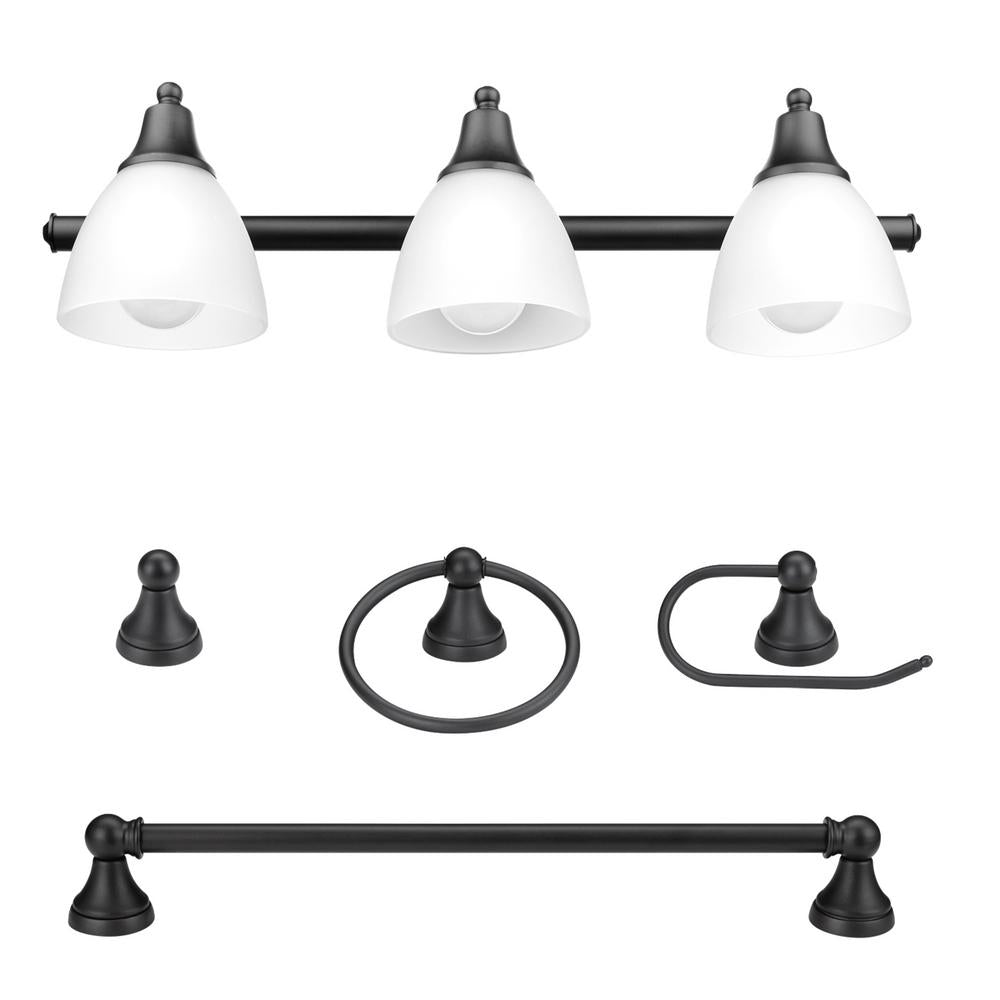 Jayden 3-Light Oil Rubbed Bronze Vanity Light with Frosted Glass Shades and 4-Piece Bath Set