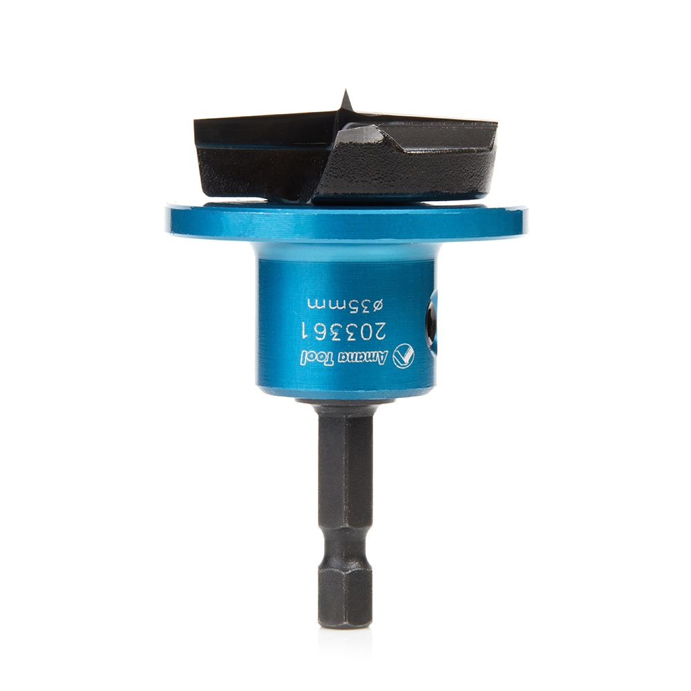 Amana 203361 Carbide Tipped 2 Wing Hinge Boring Bit with Spurs with Adjustable Depth-Stop 35mm Dia x 1/4 Inch Quick Release Hex Shank