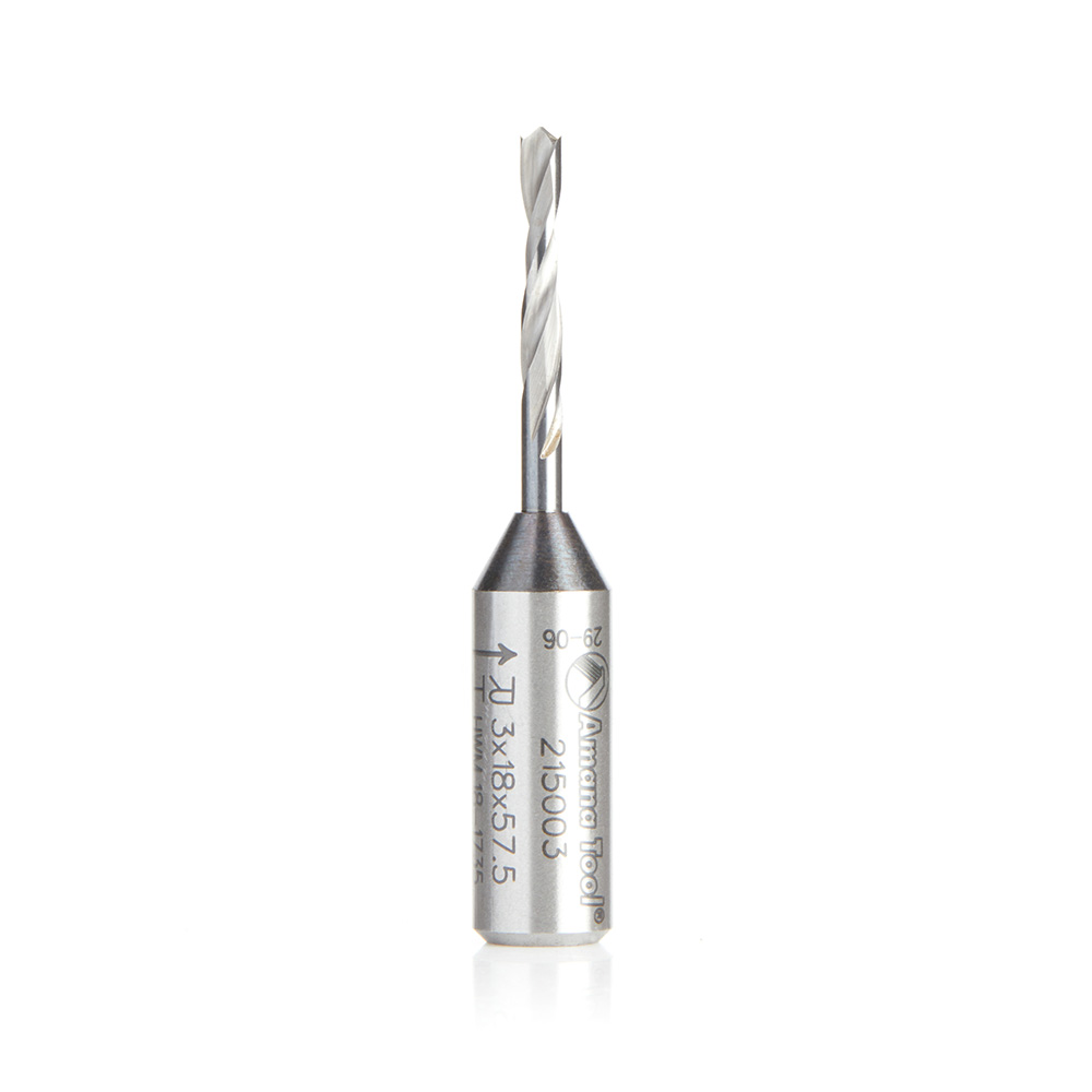 Amana 215003 Brad Point Solid Carbide Dowel Drill Boring Bit R/H 3mm Dia x 57.5mm Long x 10mm Shank