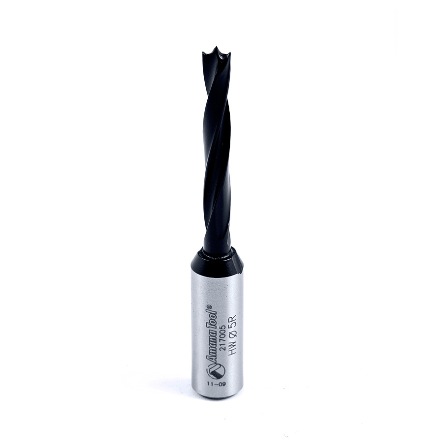 Amana 217005 Brad Point Solid Carbide Dowel Drill Boring Bit R/H 5mm Dia x 70mm Long x 10mm Shank