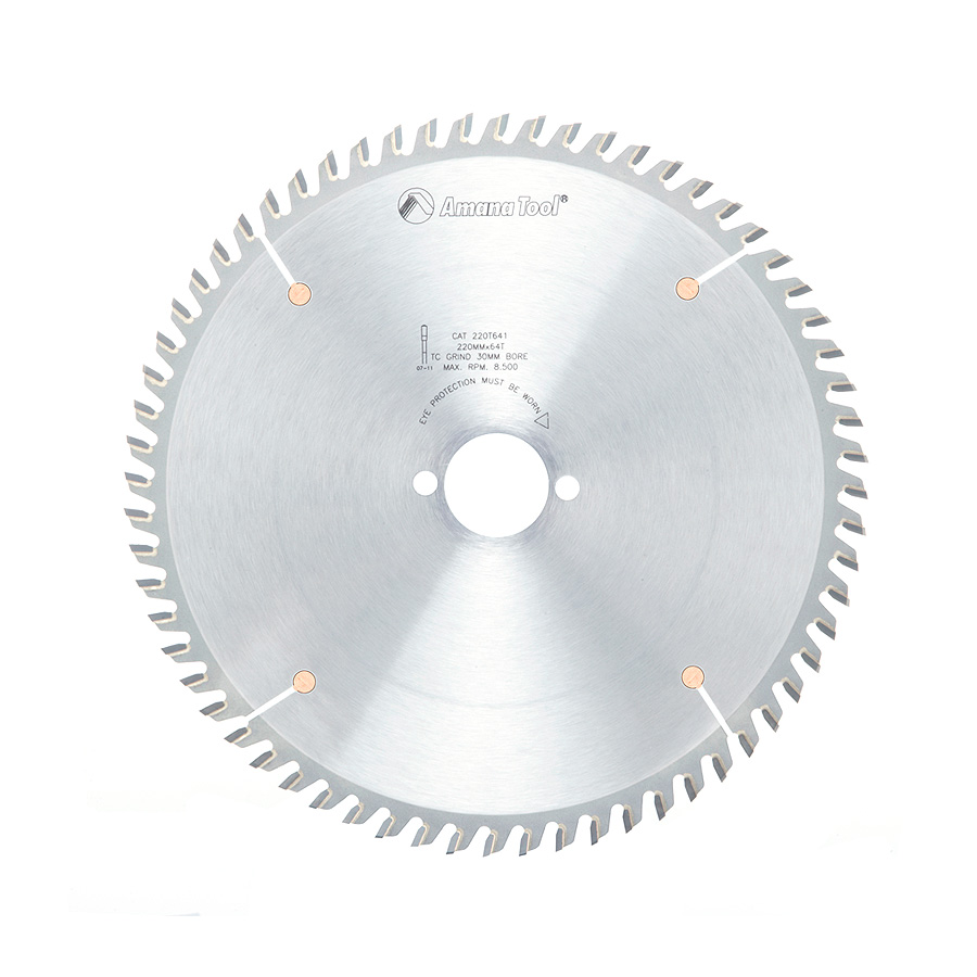Amana 220T641 Carbide Tipped Laminate and MDF 220mm Dia x 64T TCG, 10 Deg, 30mm Bore
