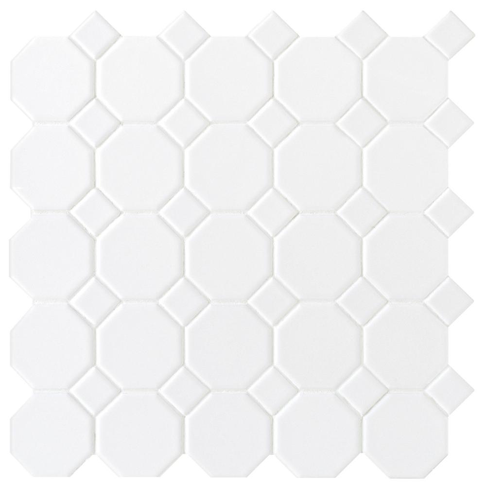 Daltile Matte White Octagon Dot 12 in. x 12 in. x 6mm Ceramic Mosaic Floor and Wall Tile (1 sq. ft. / piece)