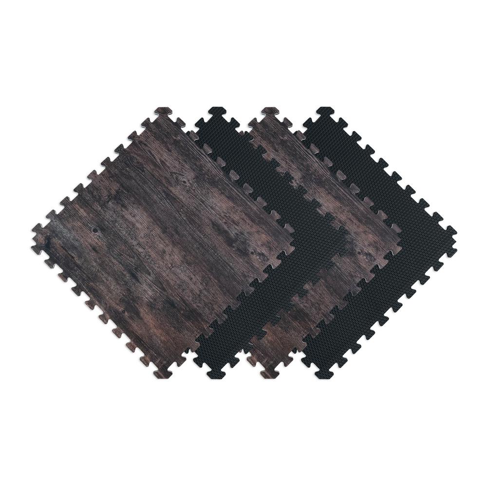 Norsk Reversible Dark Walnut/Black Faux Wood 24 in. x 24 in. x 0.47 in. Foam Mats (4-Pack)