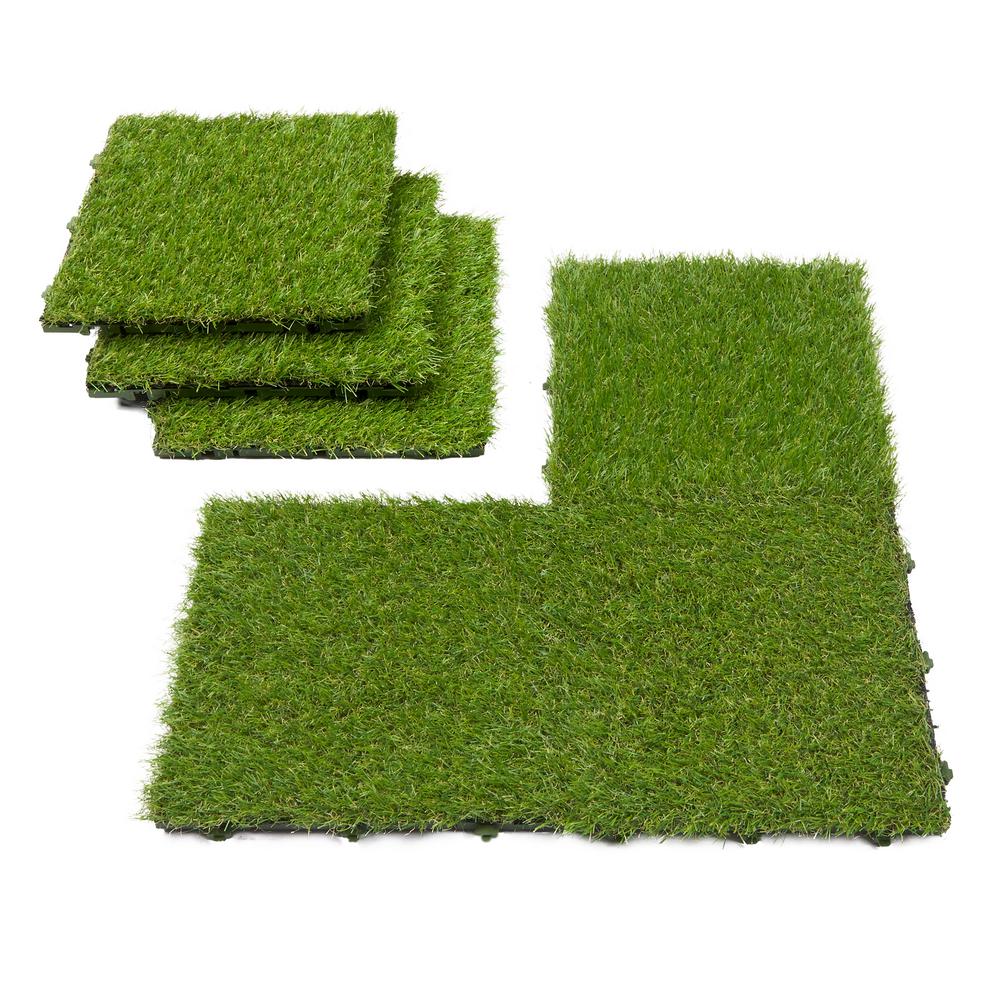 Ottomanson Ottomanson Evergreen Artificial Turf Interlocking Grass Tiles, 12" x 12" 6 Pack, Green