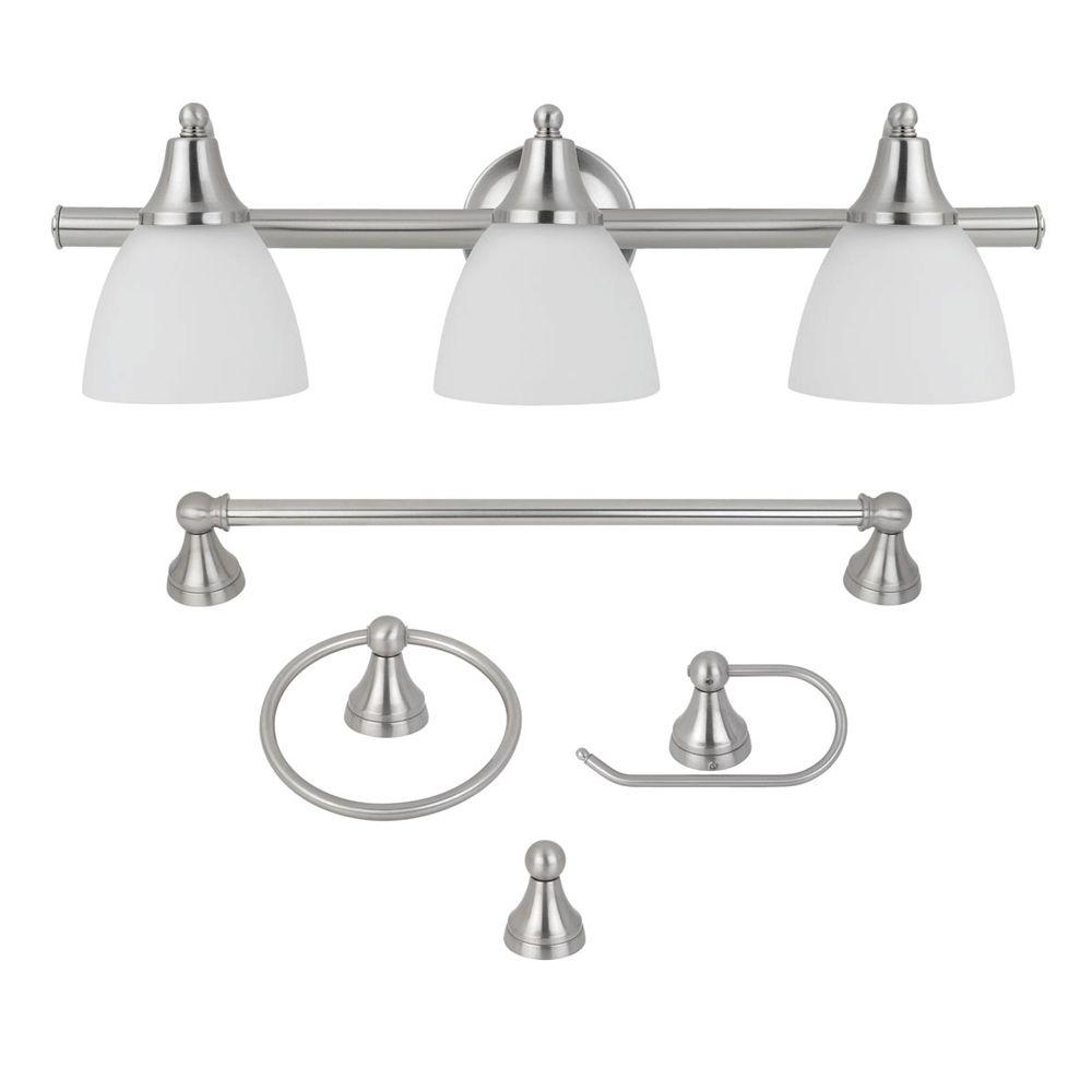 Estorial 3-Light Brushed Nickel Vanity Light with Frosted Glass Shades and Bath Set (4-Piece)