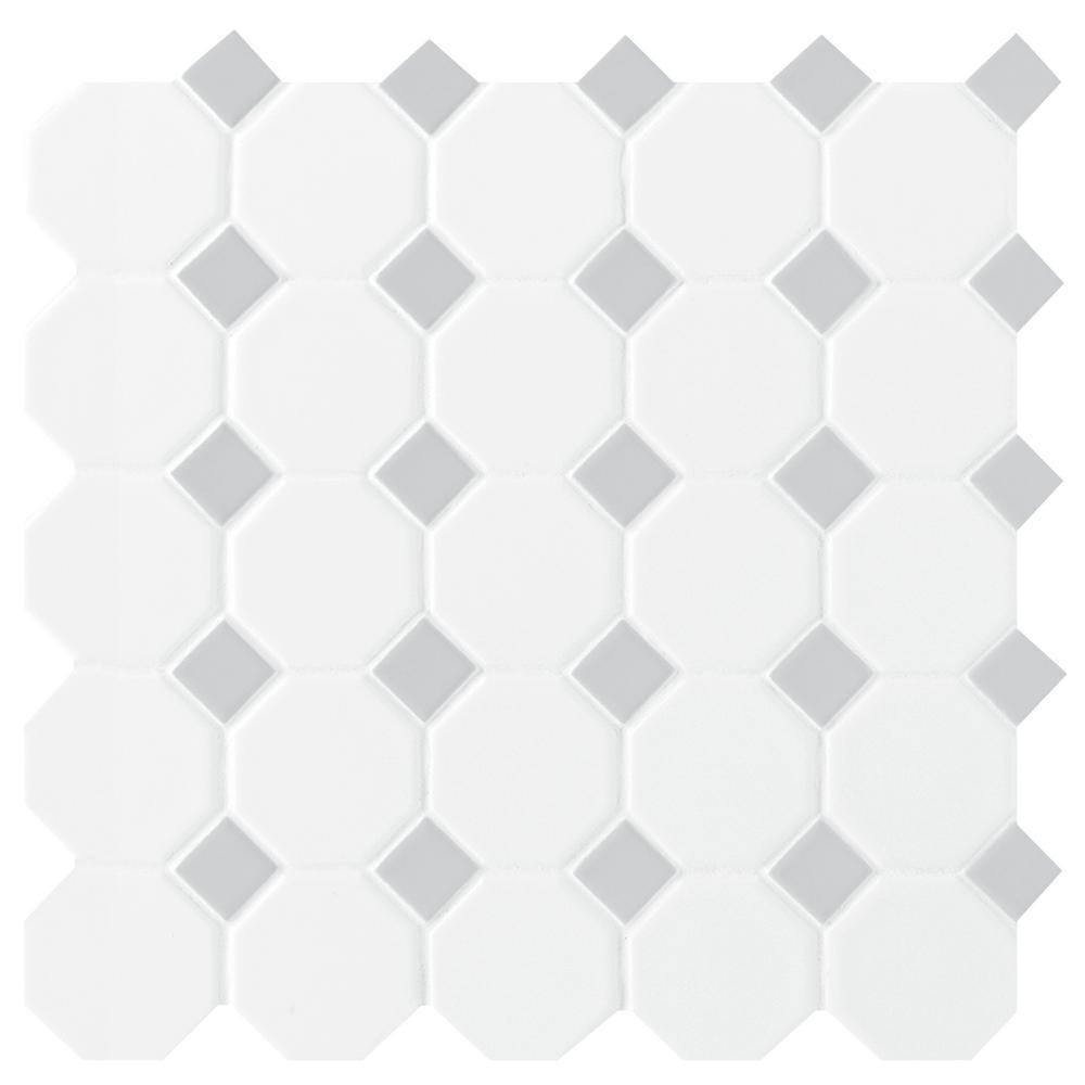 Daltile Prologue Matte White 12 in. x 12 in. x 6 mm Glazed Ceramic Octagon/Dot Mosaic Floor and Wall Tile (1 sq. ft./ piece)