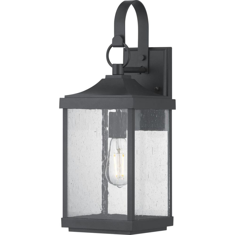 Park Court 1-Light 19 in. Textured Black Outdoor Wall Lantern with Clear Seeded Glass
