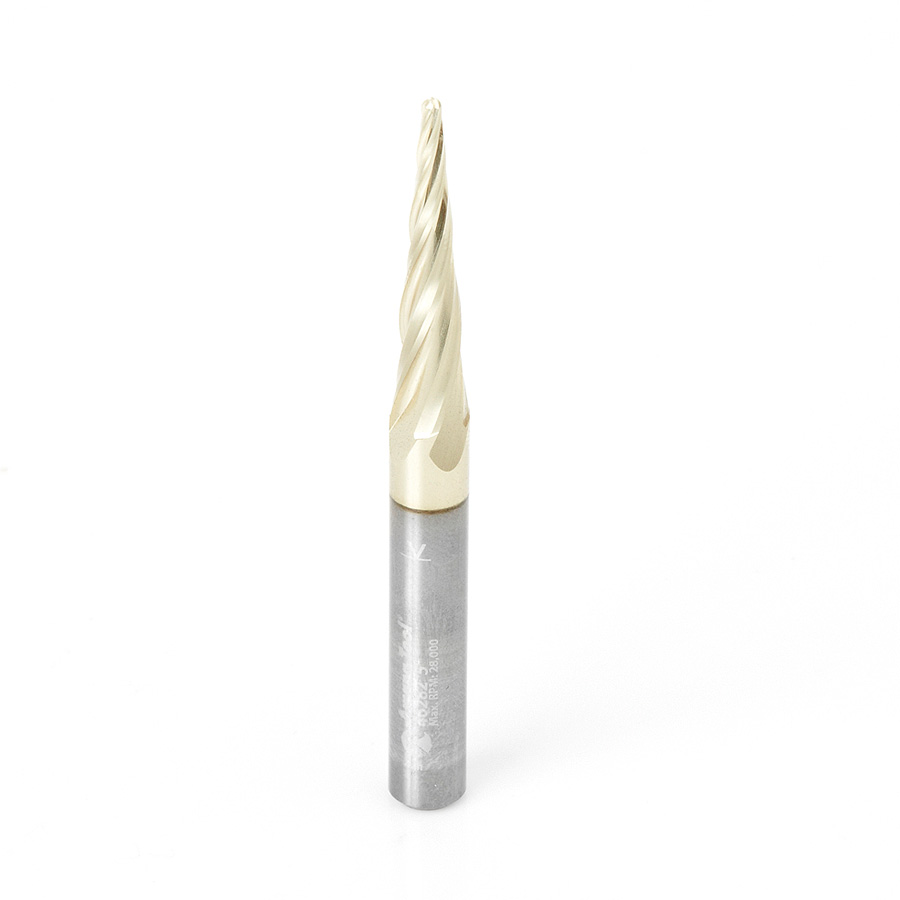 Amana 46282 CNC 2D and 3D Carving 5.4 Deg Tapered Angle Ball Tip 1/16 Dia x 1/32 Radius x 1 x 1/4 Shank x 3 Inch Long x 4 Flute Solid Carbide Up-Cut Spiral ZrN Coated Router Bit