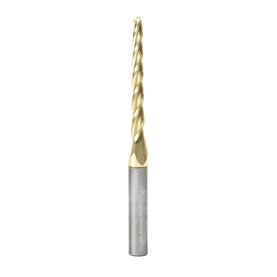 Amana 46284 CNC 2D and 3D Carving 1 Deg Tapered Angle Ball Tip 1/8 Dia x 1/16 Radius x 1-1/2 x 1/4 Shank x 3 Inch Long x 3 Flute Solid Carbide Up-Cut Spiral ZrN Coated Router Bit