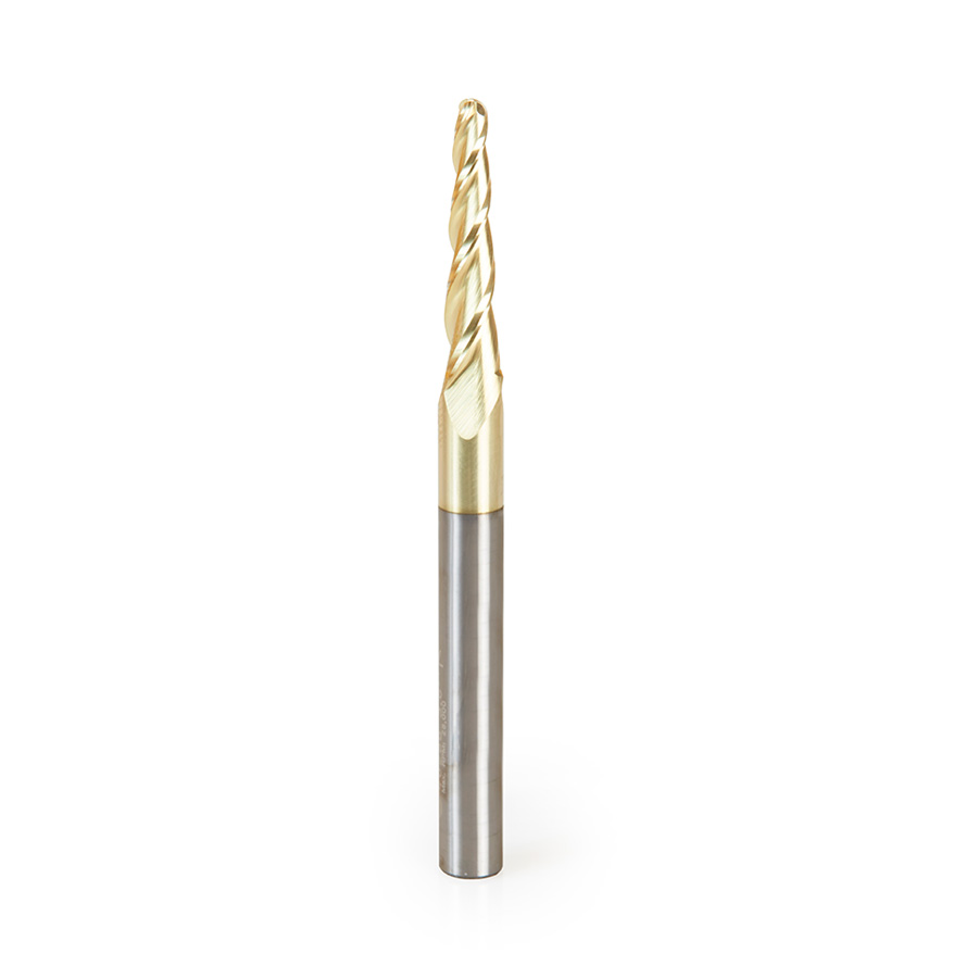 Amana 46286 CNC 2D and 3D Carving 3.6 Deg Tapered Angle Ball Tip 1/8 Dia x 1/16 Radius x 1 x 1/4 Shank x 3 Inch Long x 3 Flute Solid Carbide Up-Cut Spiral ZrN Coated Router Bit