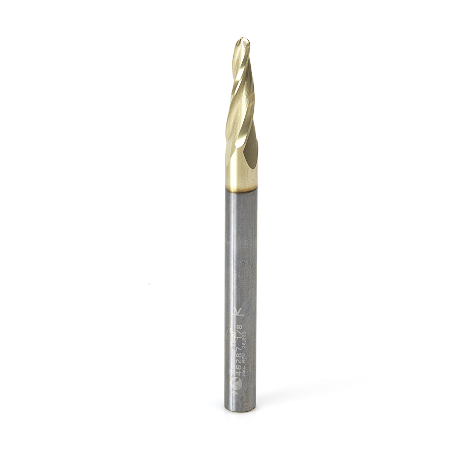 Amana 46287 CNC 2D and 3D Carving 5 Deg Tapered Angle Ball Tip 1/8 Dia x 1/16 Radius x 3/4 x 1/4 Shank x 3 Inch Long x 3 Flute Solid Carbide Up-Cut Spiral ZrN Coated Router Bit