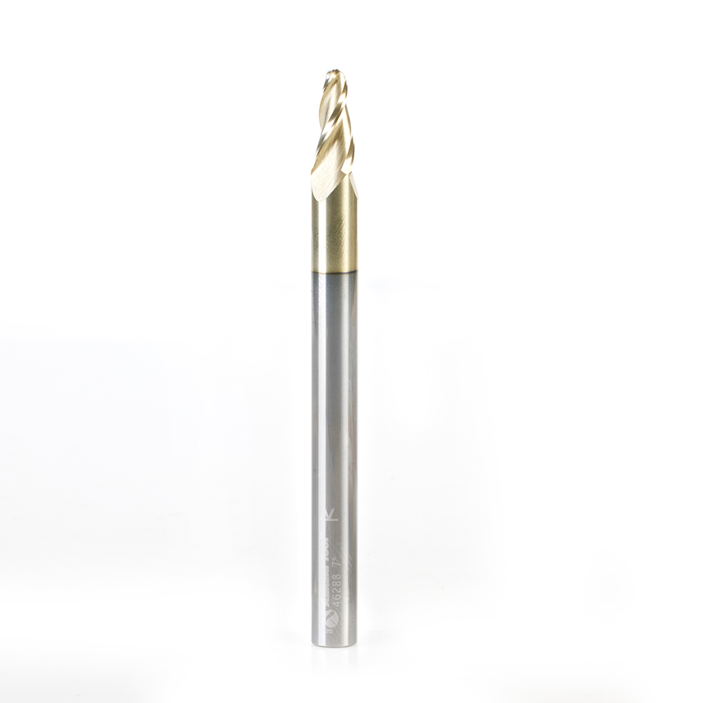 Amana 46288 CNC 2D and 3D Carving 7 Deg Tapered Angle Ball Tip 1/8 Dia x 1/16 Radius x 1/2 x 1/4 Shank x 3 Inch Long x 3 Flute Solid Carbide Up-Cut Spiral ZrN Coated Router Bit