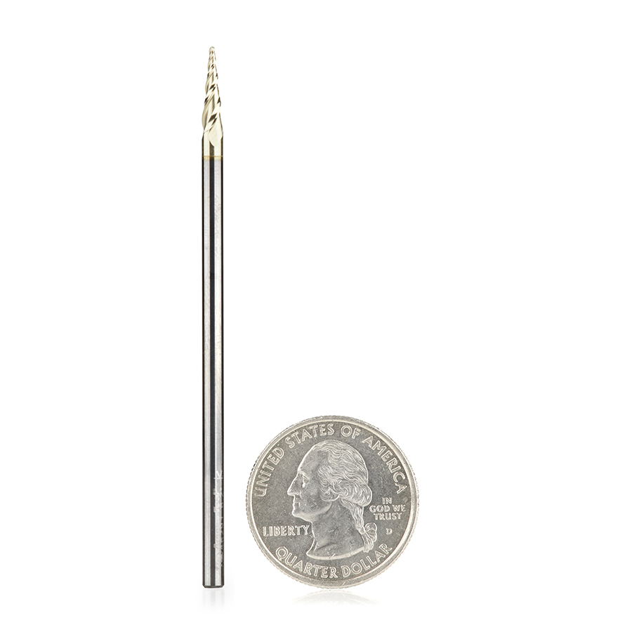 Amana 46291 CNC 2D and 3D Carving 6.2 Deg Tapered Angle Ball Tip x 1/32 Dia x 1/64 Radius x 0.445 x 1/8 Shank x 3 Inch Long x 3 Flute Solid Carbide Up-Cut Spiral ZrN Coated Router Bit