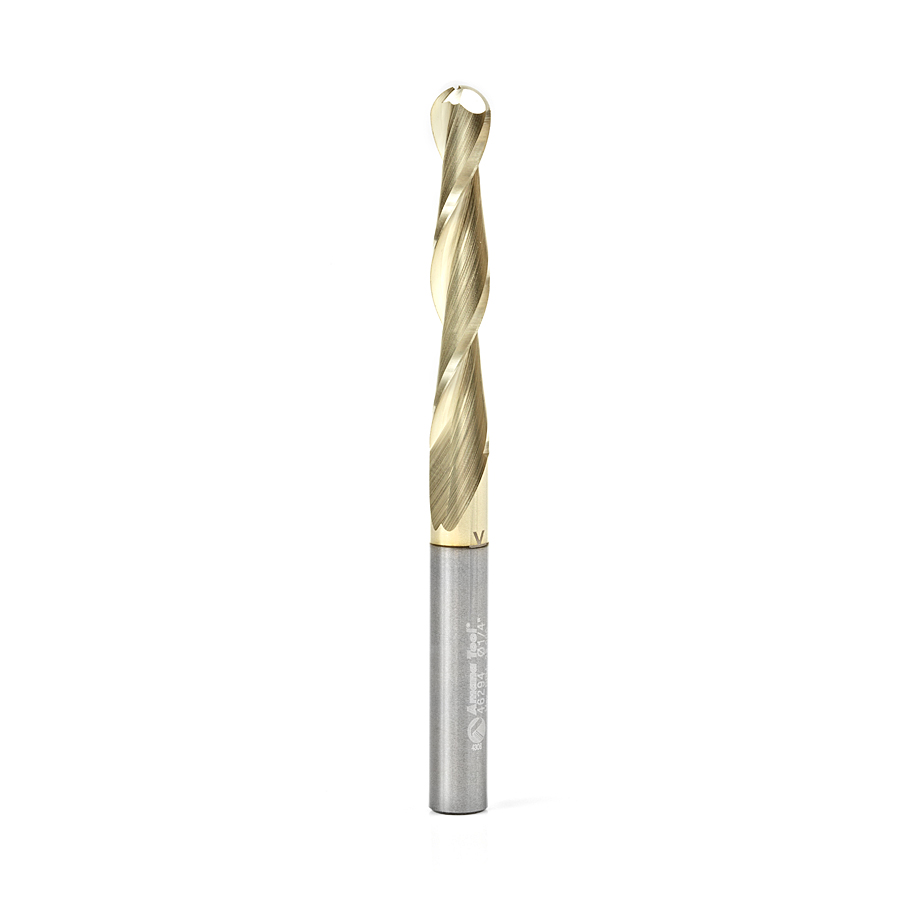 Amana 46294 CNC 2D and 3D Carving 0.10 Deg Straight Angle Ball Tip 1/4 Dia x 1/8 Radius x 1-1/2 x 1/4 Shank x 3 Inch Long x 2 Flute Solid Carbide ZrN Coated Router Bit