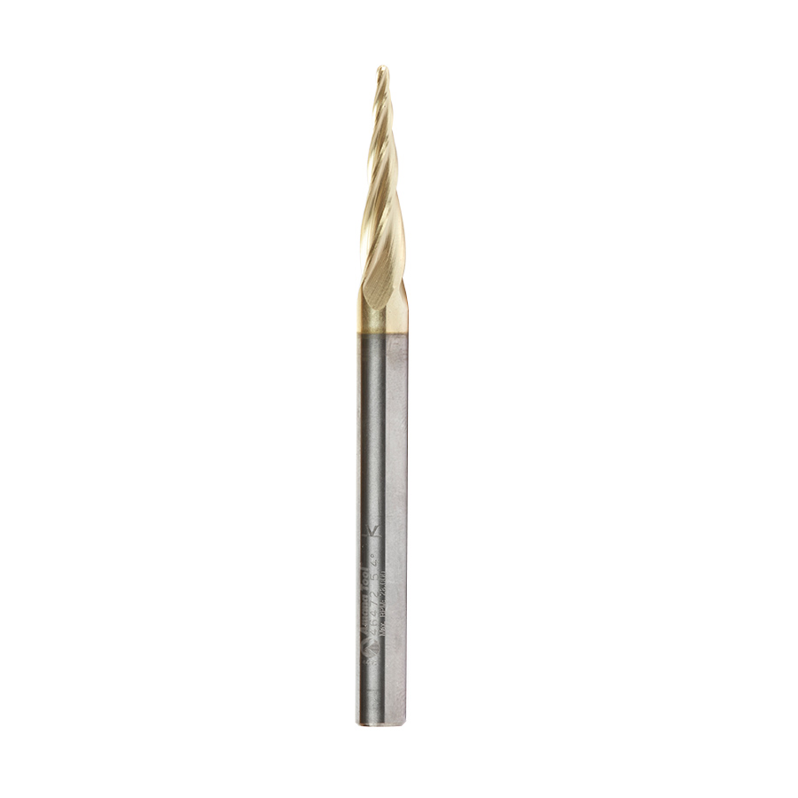 Amana 46472 Metric CNC 2D and 3D Carving 5.4 Deg Tapered Angle Ball Tip x 1.5mm Dia x 0.75mm Radius x 25mm x 6mm Shank x 75mm Long x 4 Flute Solid Carbide Up-Cut Spiral ZrN Coated
