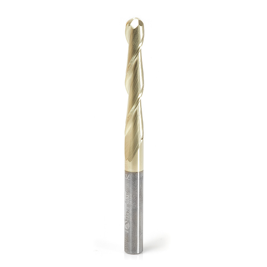 Amana 46479 Metric CNC 2D and 3D Carving 0.10 Deg Straight Angle Ball Tip x 6mm Dia x 3mm Radius x 38mm x 6mm Shank x 75mm Long x 2 Flute Solid Carbide ZrN Coated Router Bit