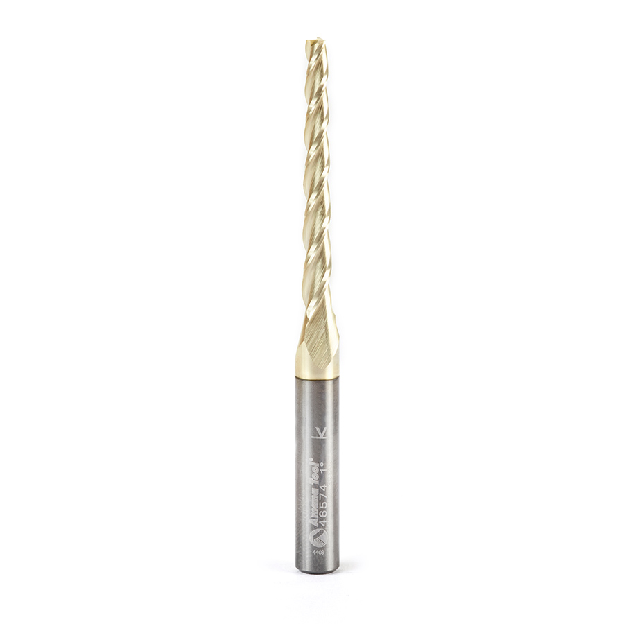 Amana 46574 CNC 2D and 3D Carving Flat Bottom 1.0 Deg Angle x 1/8 Dia x 1-1/2 x 1/4 Shank x 3 Inch Long x 3 Flute Solid Carbide ZrN Coated Router Bit