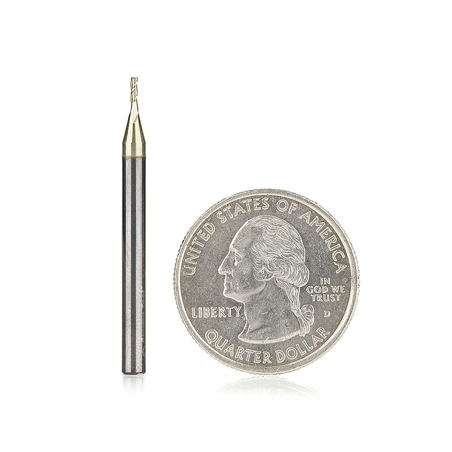 Amana 46581 CNC 2D and 3D Carving Flat Bottom x 0.10 Deg Angle x 1mm (.0394″) Dia x 3mm (.118″) x 3.175mm (1/8) Shank x 38.1 (1-1/2) Long x 3 Flute Solid Carbide ZrN Coated Router Bit