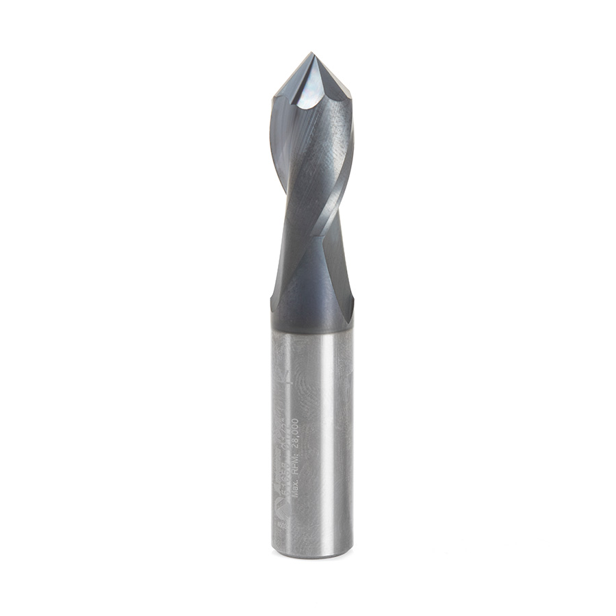 Amana 51656 High Performance CNC Solid Carbide 90 Degree ‘V’ Spiral Drills with AlTiN Coating 2-Flute x 1/2 Dia x 1/4 x 1/2 Shank x 3 Inch Long Up-Cut Router Bit/End Mill