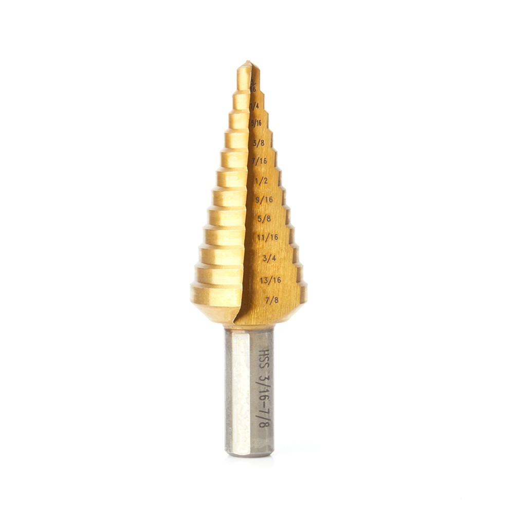 Timberline 608-782 Titanium Coated Step Drill Bit 3/16 – 7/8 Dia x 1/4″ Shank