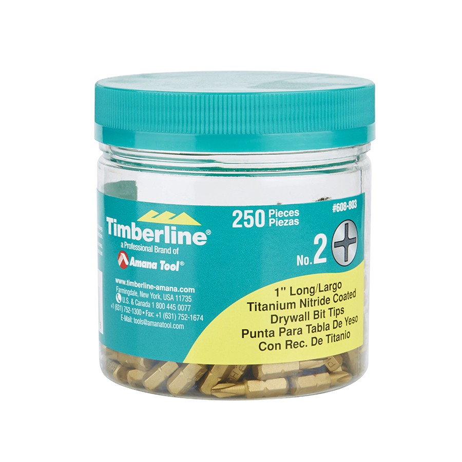 Timberline 608-803 250 Piece Titanium Nitride Coated Drywall Bit Tip Bulk Pak for Screw Size #2, 1″ Long