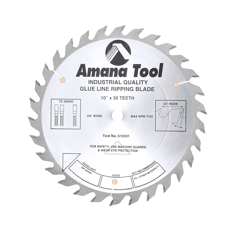 Amana 610301 Carbide Tipped Glue Line Ripping 10 inch Dia x 30T TCG, 22 Deg, 5/8 Bore