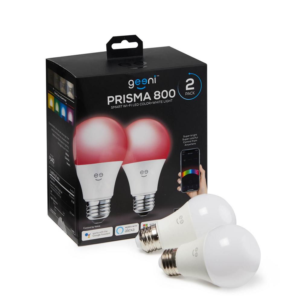 Geeni Prisma 800 60-Watt Equivalent A19 Dimmable Color and White Smart Wi-Fi LED Light Bulb No Hub Required (2-Pack)