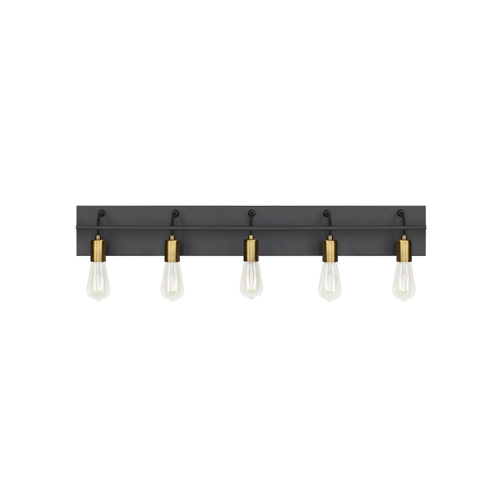 Tae 36 in. W 5-Light Black Industrial Metal Bathroom Vanity Light with Aged Brass Socket Cups and Black Cords