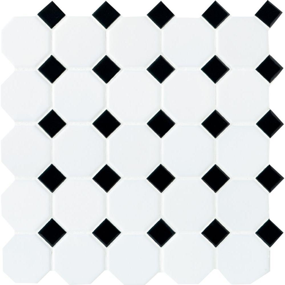 Daltile Octagon and Dot Matte White with Black Dot 12 in. x 12 in. x 6 mm Ceramic Mosaic Floor and Wall Tile (1 sq. ft./ piece)