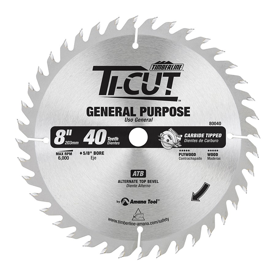 Timberline 80040 Ti-Cut™ General Purpose & Finishing 8″ Dia x 40T ATB, 10 Deg, 5/8 Bore Diamond Knockout