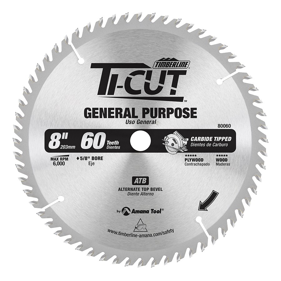 Timberline 80060 Ti-Cut™ General Purpose & Finishing 8″ Dia x 60T ATB, 10 Deg, 5/8 Bore Diamond Knockout